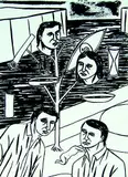 Jeffrey Harris, Untitled - Interior with Tree and Figures, ink on paper