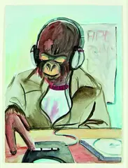 Ricky Swallow, Ape with Discman, watercolour