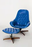 George Mulhauser, American mid century 'Plycraft' Lounger and ottoman, with rare original blue leather upholstery and laminated walnut frame