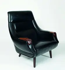 H.W. Klein, Lounge chair, in original black leatherette upholstery, manufactured by Bramin Mobler Denmark circa 1960