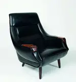 H.W. Klein, Lounge chair, in original black leatherette upholstery, manufactured by Bramin Mobler Denmark circa 1960