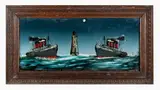 Framed painting on glass, 'Mauretania' and 'Lusitania' passenger liners
