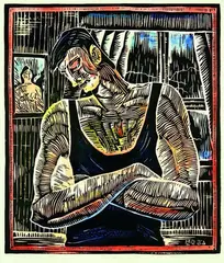 The Black Singlet by Nigel Brown, hand-coloured woodcut, 19/60, sold Aug 2011