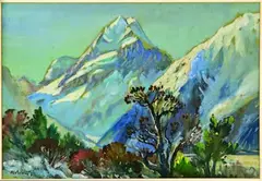 K. Arini Vane, Mount Cook from the Hooker Valley with Rata in Flower, gouache on paper