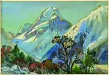 K. Arini Vane, Mount Cook from the Hooker Valley with Rata in Flower, gouache on paper