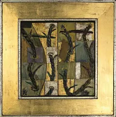 Rope and Landscape by Tony Lane, oil and schlagmetal on panel, diptych, sold Jun 2011