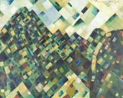 Colin McCahon, Kauri and White Pine: Domestic Landscape, oil and sawdust on hardboard