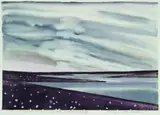 Marilynn Webb, Summer Storm and Wild Flowers, Lake Mahinerangi, linocut