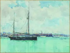 Alfred Wilson Walsh, Scows Docking, Auckland Harbour, watercolour