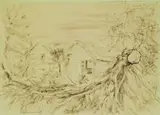 Eric Lee-Johnson, Hudson House, Streamlands (Kaipara Flat), ink and wash