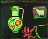 Dick Frizzell, Clay Vases, Wooden Sheep and Plastic Flowers are Still Life