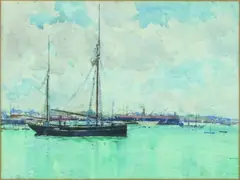 Alfred Wilson Walsh, Scows Docking, Auckland Harbour, watercolour