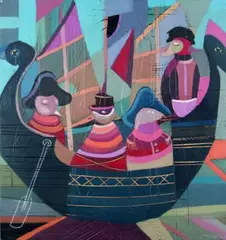 Sheyn Tuffery, Red Them Cut and Strut, acrylic and pastel on incised board