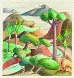 Anna Lois White, A View of Karekare with Fantastical Islands, watercolour