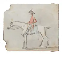Denzil Ibbetson attributed, Caricature of Cavalry Officer on Horseback, ink and watercolour on paper
