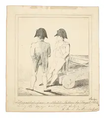 Denzil Ibbetson attributed, Two views of Napoleon leaning on a Cannon and from the Rear, engraving on paper
