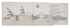 Denzil Ibbetson, Napoleon's House on St.Helena (Longwood House), ink and watercolour on four joined pages affixed together on rear