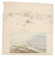 Denzil Ibbetson, Homestead on St Helena - Possibly Marshall Bertrand's House, watercolour on paper laid on sheet of a lithograph entitled Longwood Guard - House St.Helena