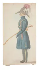 Denzil Ibbetson, Standing Caricature Profile of an officer with Plumed hat and Sabre, On verso three graphite sketches of a gentleman in profile, watercolour on paper