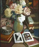John Weeks, Still Life with Roses and Open Book, oil and gouache on card