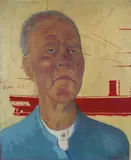 P. Yates, Portrait of Thayer Fairburn with the H. M. S Orpheus in the Background, oil on board