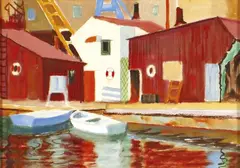 John Weeks, A  View of the Wharf, gouache on paper on card