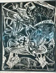 Large Still Life with Objects by Philip Clairmont, linocut, 7/15, offered Dec 2009