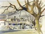 Peter McIntyre, The Grounds of Parliament, with Balance Memorial, looking towards Molesworth Street