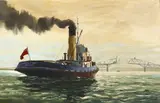 John Speedy, The William C. Daldy in front of the Partially Completed Auckland Harbour Bridge, oil on board