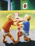 Michael Smither, Boys Fighting over Pink Plastic Gun, oil on board