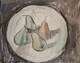 Melvin Day, Still Life with Four Pears, ink, pastel and watercolour on paper