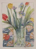 Pamela Wolfe, Still Life with Tulips and Irises, pastel on paper