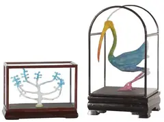 Chinese Ibis and Money Tree by Francis Upritchard, modelling material, paint, wood & glass vitrines, 2009, sold Apr 2009