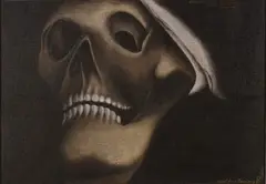 Tony Fomison, Detail for a Dancing Skeleton, oil on hessian in artists original frame