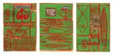 Tracey Tawhiao, Home Maker, oilstick and acrylic on found newspaper, triptych