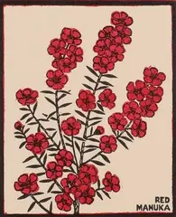J. L Moore, Red Manuka, colour woodblock print