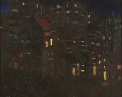 Buster Back, Houses at Night, mixed media on board