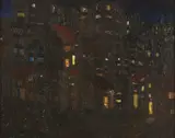 Buster Back, Houses at Night, mixed media on board