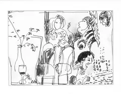 Untitled - Social Scene by Rob Gardiner, ink and pastel on paper, sold Aug 2008