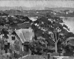 James Cook, Houses by the Sea, oil on card
