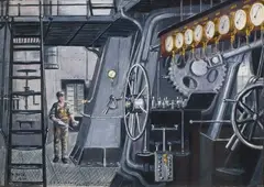 Bernard Aris, S. S Wolfsburg: Main Engine's Starting Platform, watercolour and pastel on paper