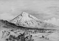 Bernard Aris, Mount Egmont near Okato, Winter Afternoon, ink on paper