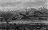 N. W Barker, Landscape with Mountains and Cabbage Trees, oil on board
