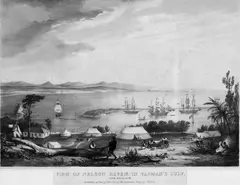 Charles Heaphy, View of Nelson Haven, In Tasman's Gulf, hand-coloured lithograph, c.1840