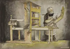 The Rev W. Yate's Wooden Press of Kerikeri, 1830 - First Catachism printed in Maori by Dennis Knight Turner, watercolour, offered Jun 2008
