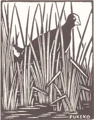 John L. Moore, Pukeko, woodblock print