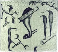 Bill Hammond, Bird Grip, acrylic and oil on brocade fabric