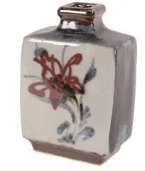 Kanjiro Kawai, Slab sided bottle vase with square mouth, Earthenware with brushwork floral designs