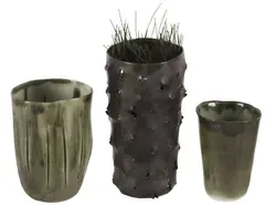 Three  beaker vessels by Emily Siddell, Porcelain variously glazed, pierced and punctured, offered Apr 2008