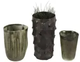 Emily Siddell, Three  beaker vessels, Porcelain variously glazed, pierced and punctured